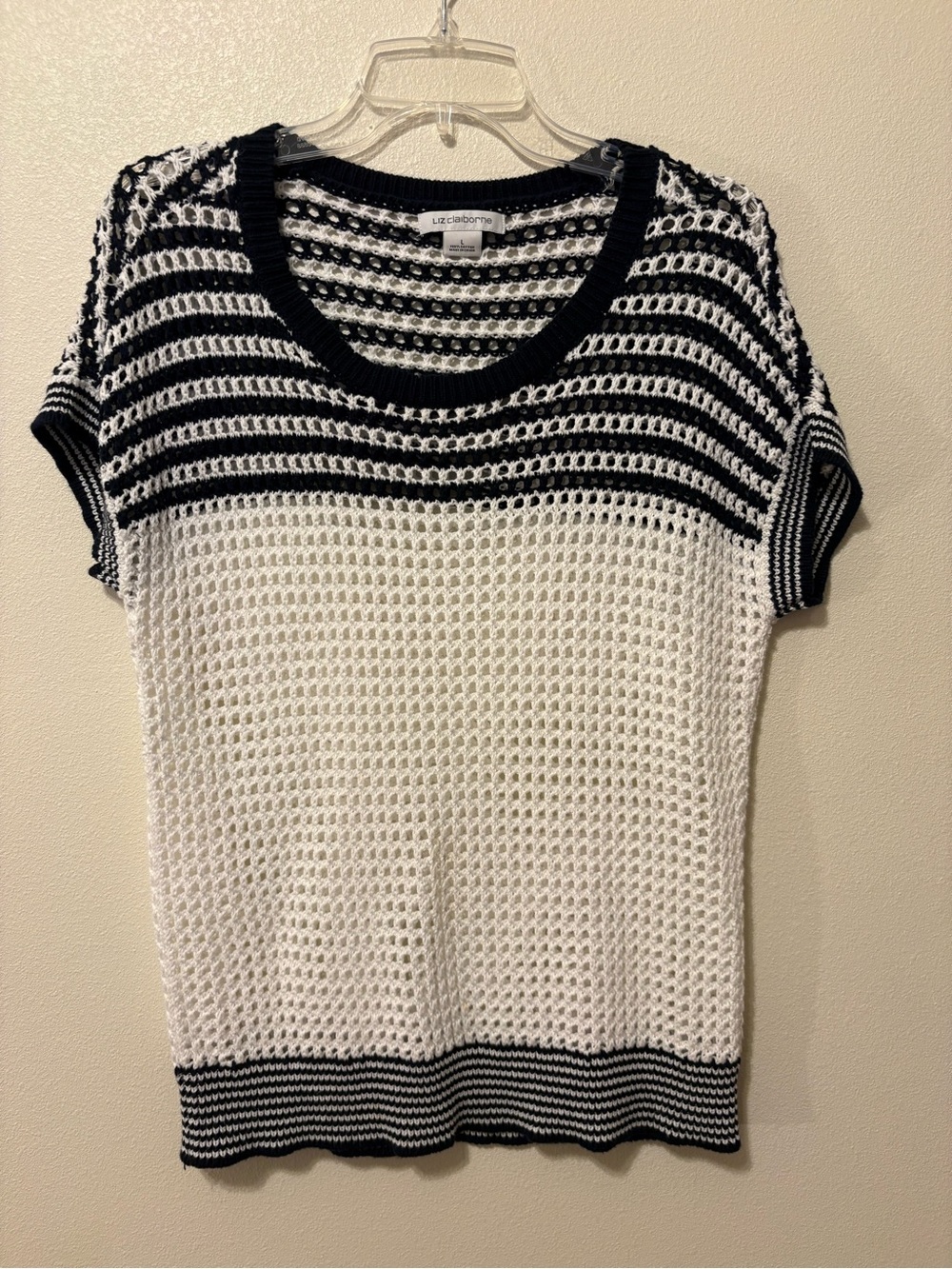 Liz Claiborne Black and White Open Knit Short Sleeve Sweater